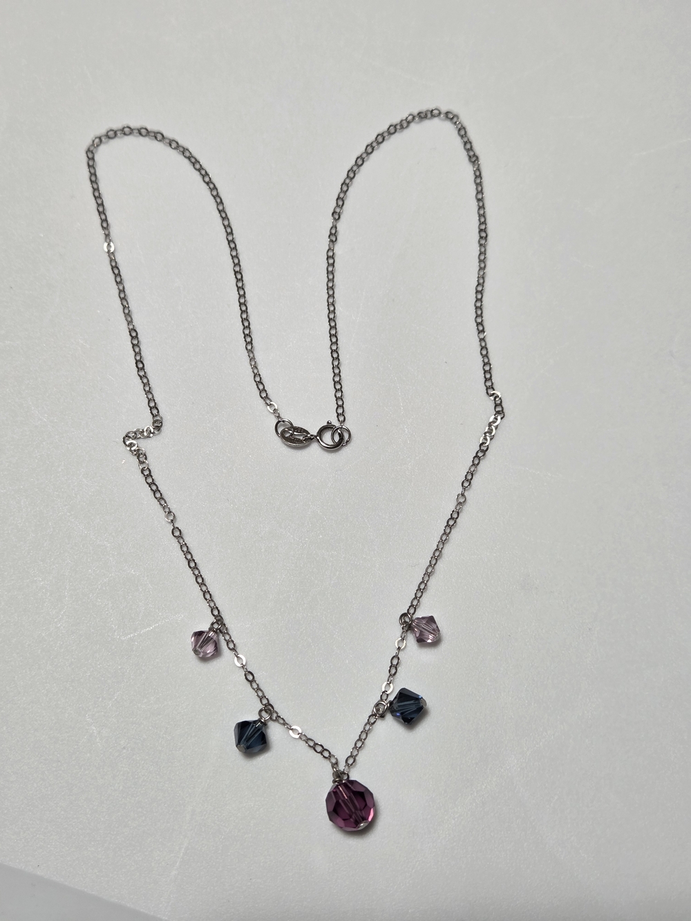 925 Sterling Silver Swarovski Crystal Beaded Necklace Dangle Purple Blue